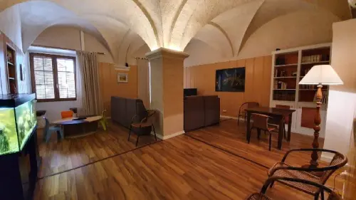 habitación-sala-casa-rural-lleida-cal-curpets-agramunt-lleida Salón con techos en arcos y luz indirecta de estilo rústico, con juegos para niños y equipo multimedia y biblioteca